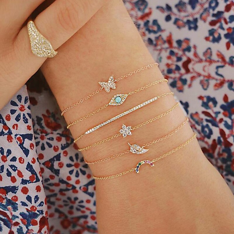 5 teile/satz Böhmen Hülse Mond Charme Armbinde einstellen Für Frauen Herz Geometrische Schwarz Perlen Kette Armreif Mädchen Schmuck: Rhodium überzogen