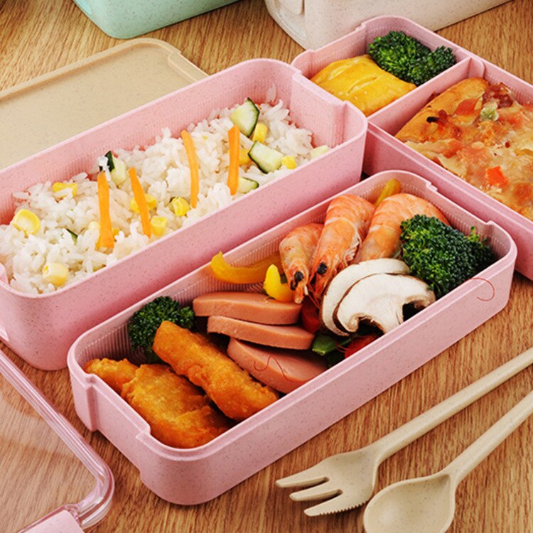 Gezond Materiaal Lunchbox 3 Layer Tarwe Stro Bento Dozen Magnetron Servies Voedsel Opslag Container Lunchbox 900Ml