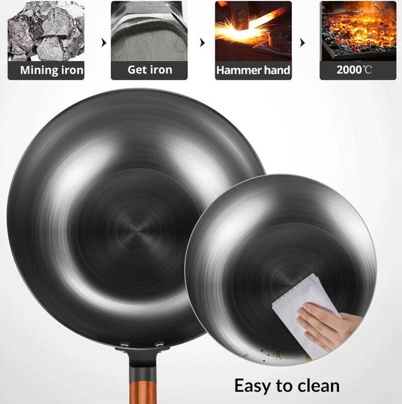 Låda kinesisk järn wok traditionell handgjord järn wok non-stick pan icke-beläggning induktion och gaskokare köksredskap