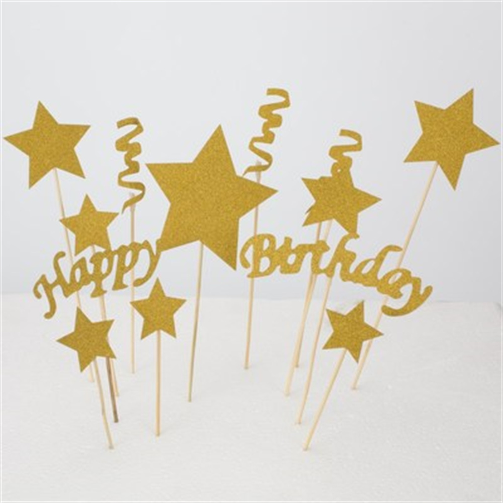1 Set Happy Birthday Cake Toppers Black Gold Stars DIY Cake Flag Wedding Birthday Party Cake Decoration plug-in toppers: gold