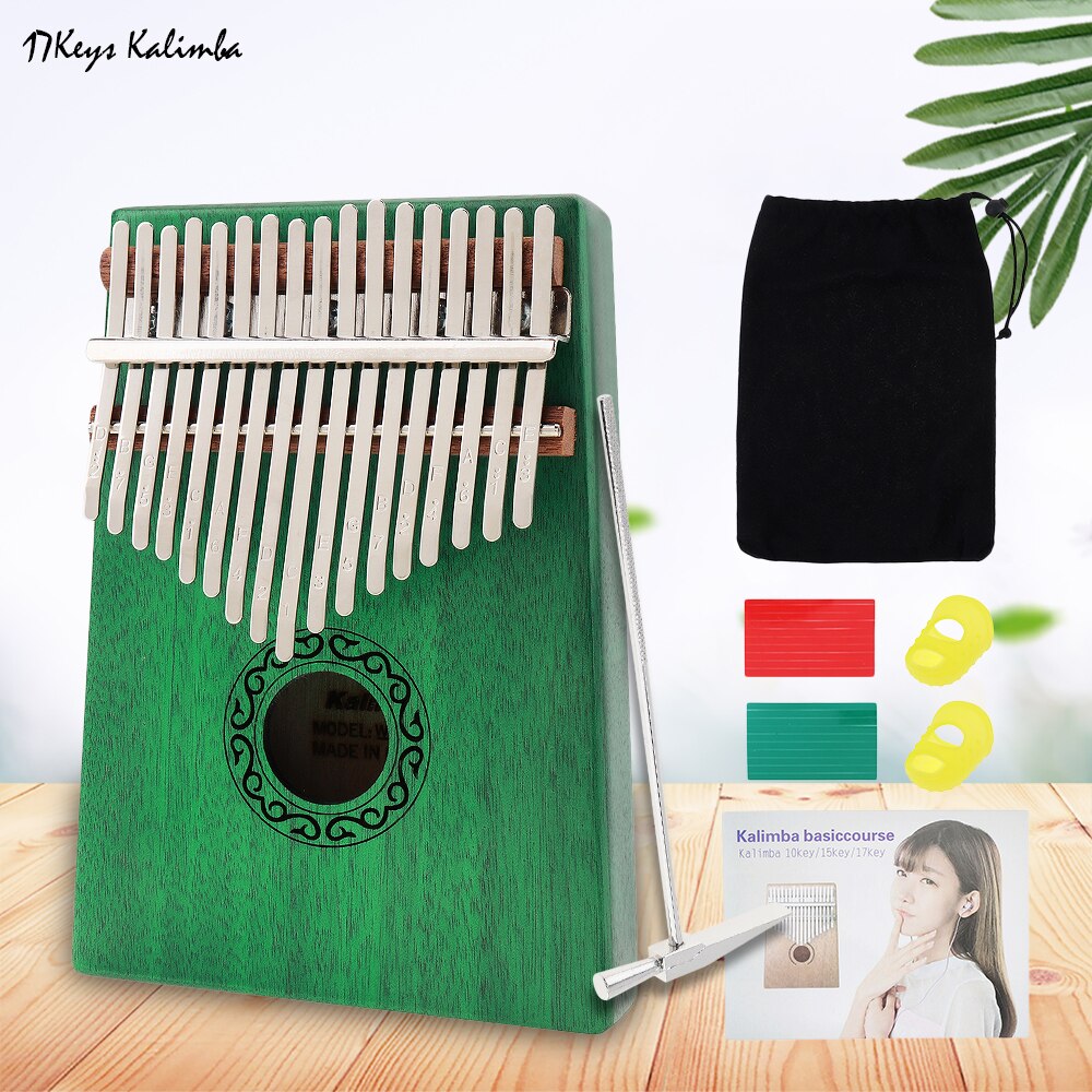 17 Key Kalimba Single Board Mahogany Thumb Piano Mbira Mini Keyboard Finger Piano Musical Instrument with Complete Accessories: Green