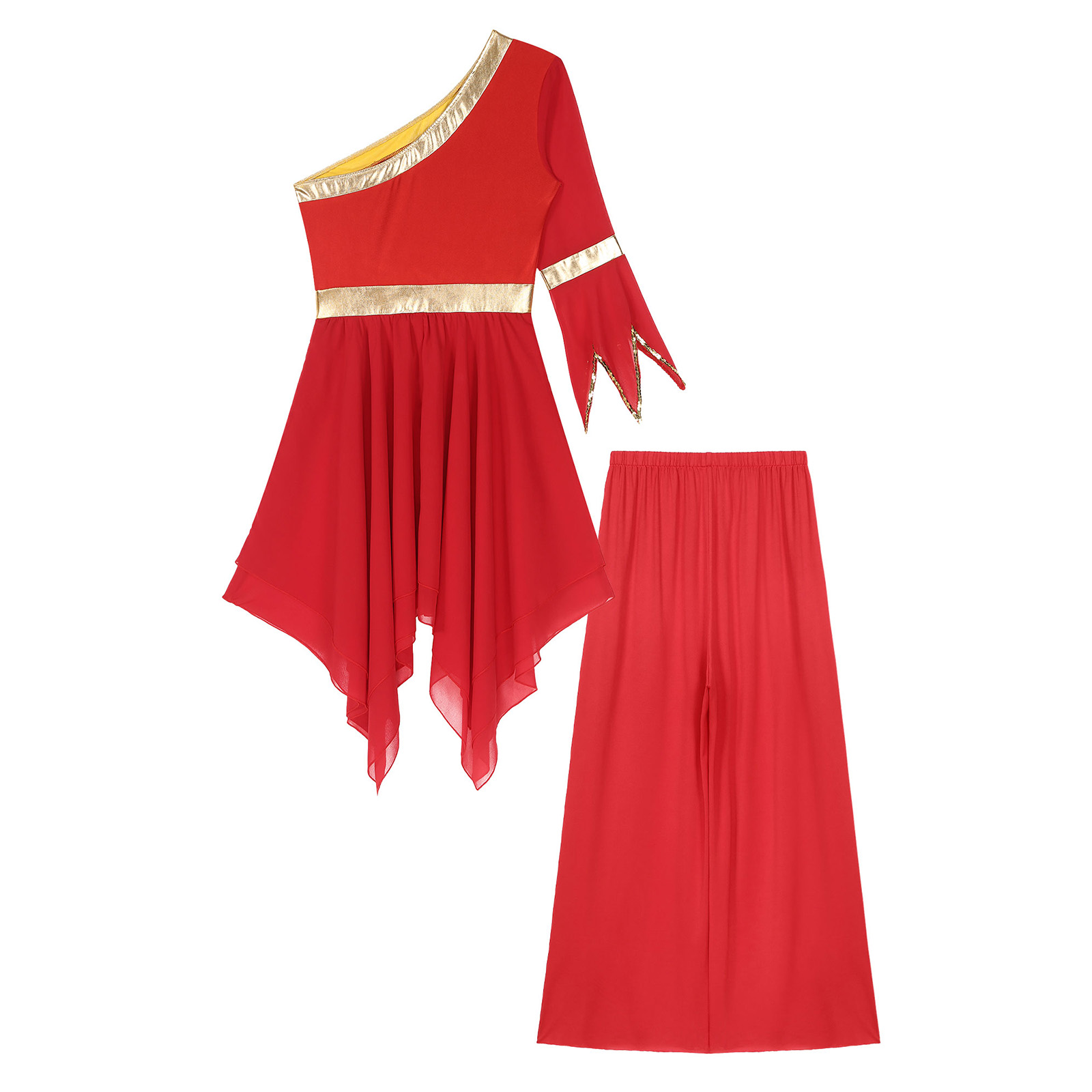 Tenue de culte de chorale d'église liturgique pour femmes, Costume de danse lyrique, asymétrique épaule dénudée, manches évasées, robe avec pantalon à jambes larges