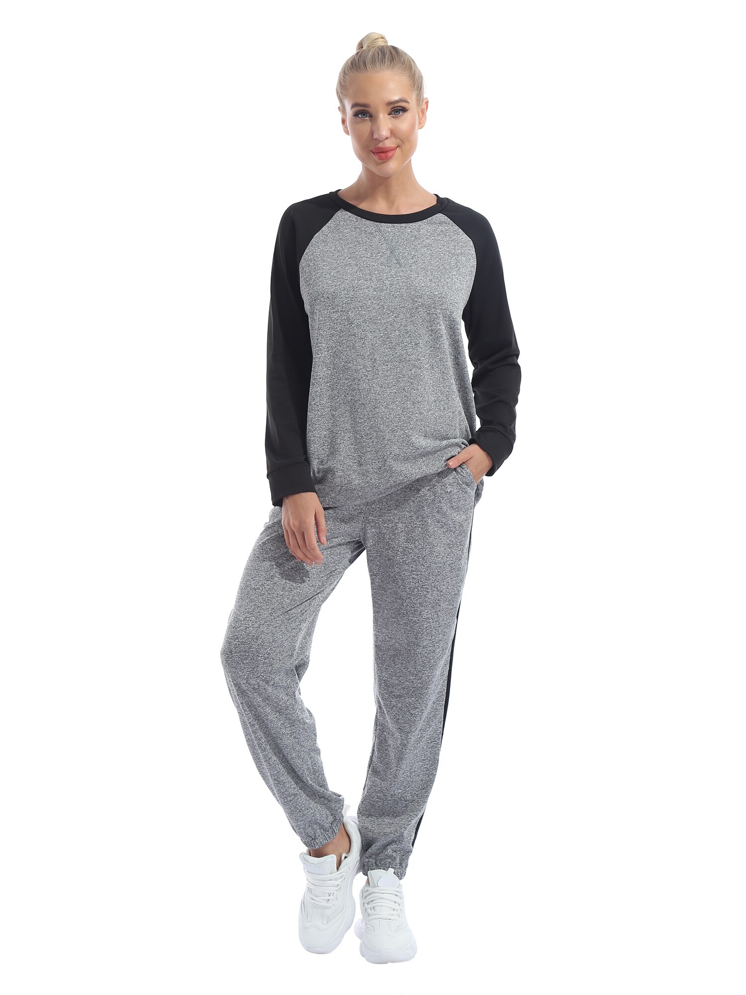 Vrouwen Lente Herfst Sportkleding Pure Colorlong Mouwen T-shirt Andpockets Broek Set Voor Running Yoga Fitness Casual Trainingspak: Grey / L