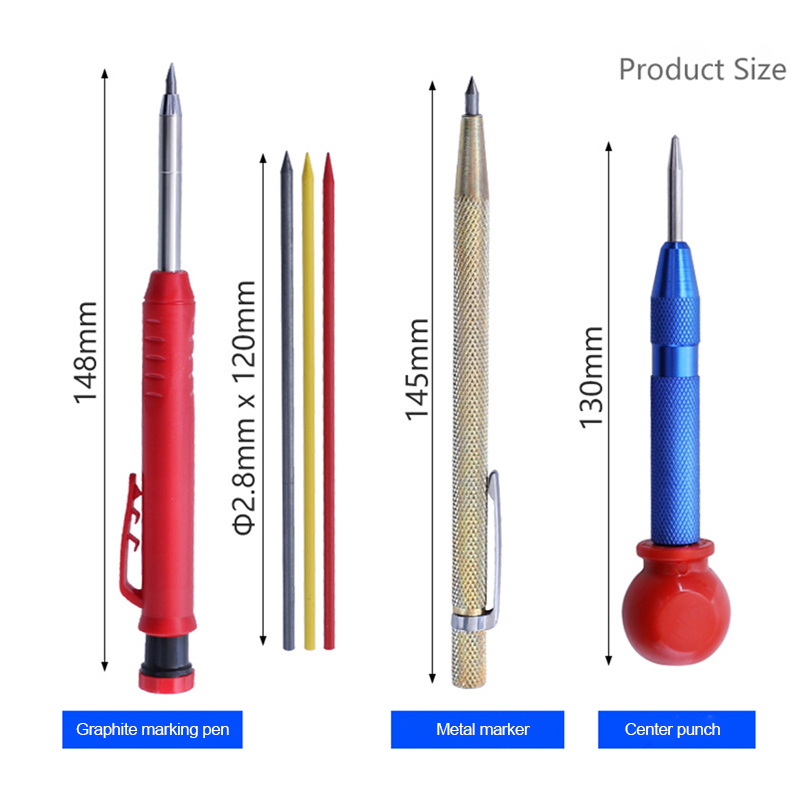 Carpenter Pencil Set Solid Woodworking Construction Marker with Center Punch Built-in Sharpener Deep Hole Mechanical Pencil Tool