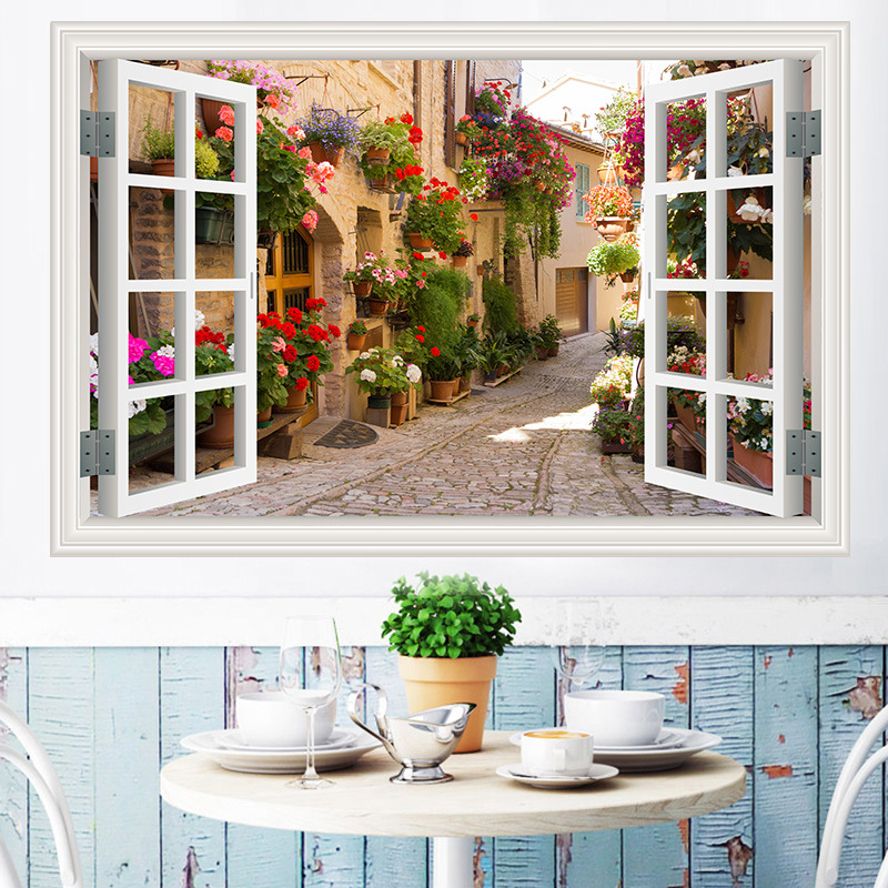 Nature Landscape Flowers 3D Window Art Wall Decal Waterproof Removable Wallpaper Scenery Mural Sticker Home Decor Poster