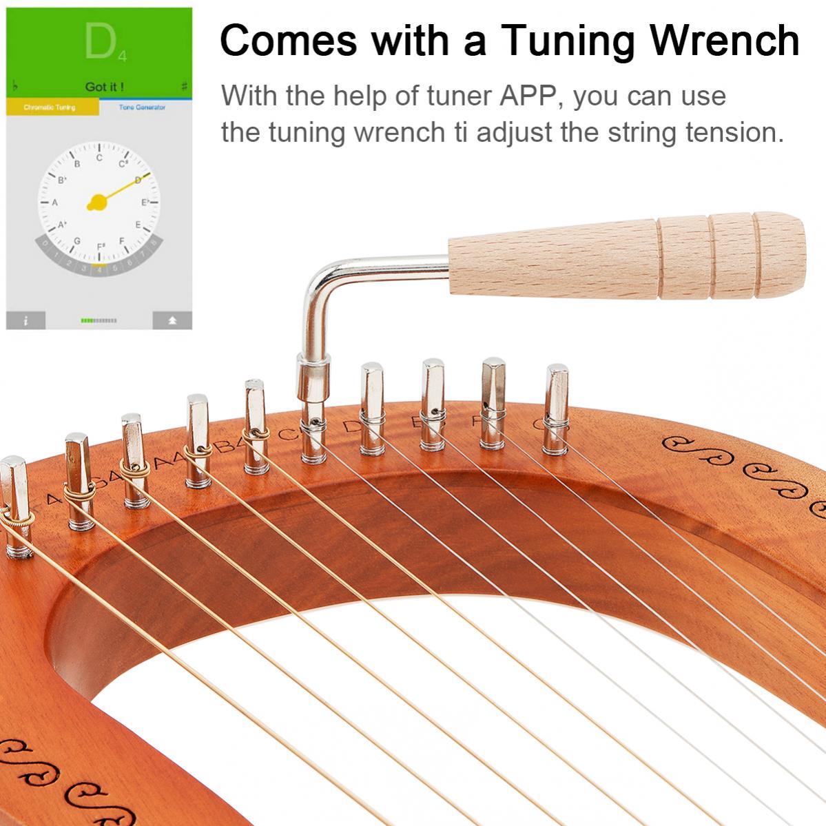 10 String Lyre Harp Solid Mahogany Wood Carving Reindeer with Tuning Hammer String Instrument