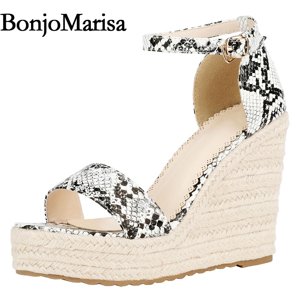 Gladiator Ankle Strap Espardirlle Wedge Heel Sandals Open Toe Snakeskin Print Summer Shoes Woman Party Wedding High Heel Sandals