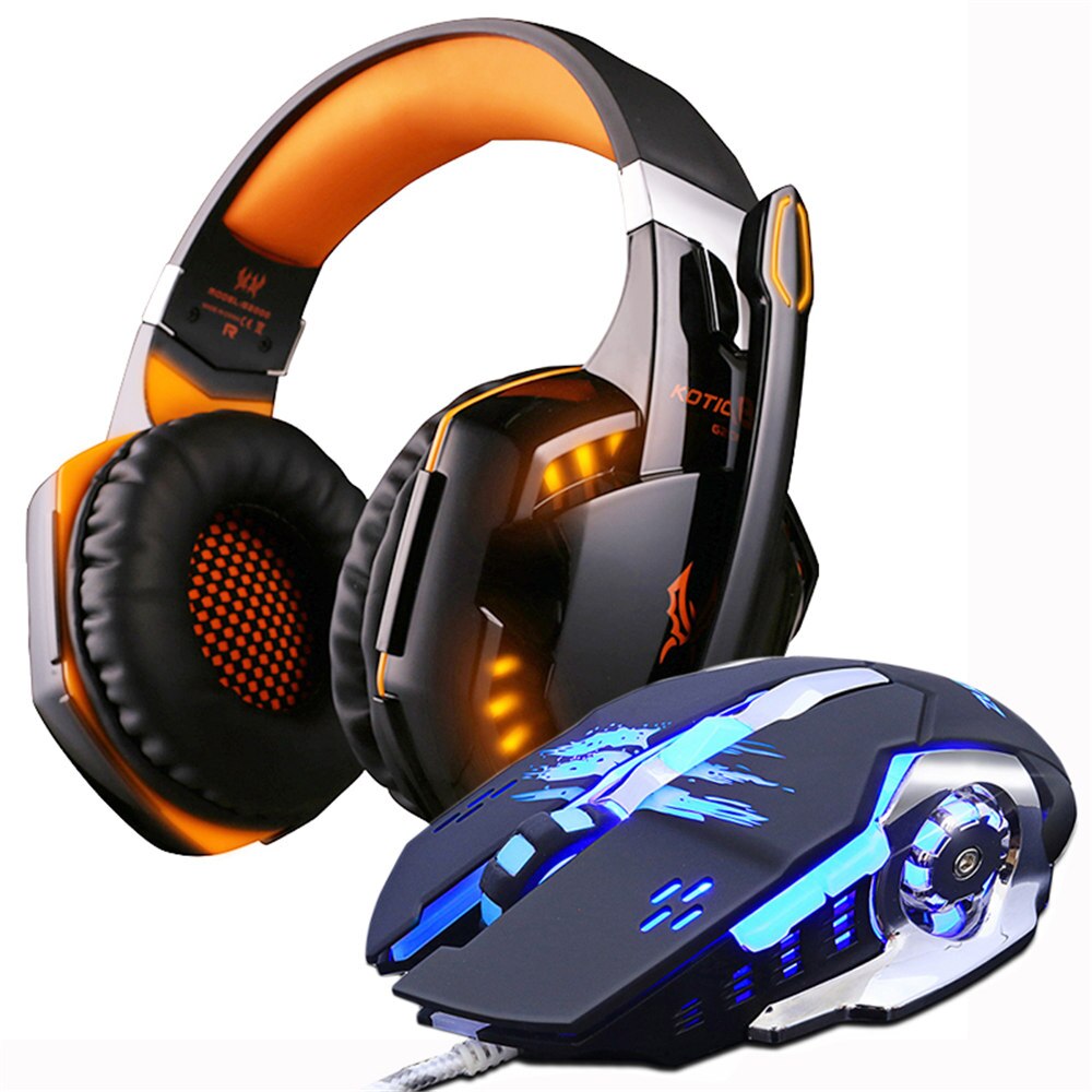 Gaming Headset Casque Headphones Deep Bass Stereo Earphones with Microphone +Gaming Mouse Mice 3200 DPI combination LED Lights: G2000orange and mous