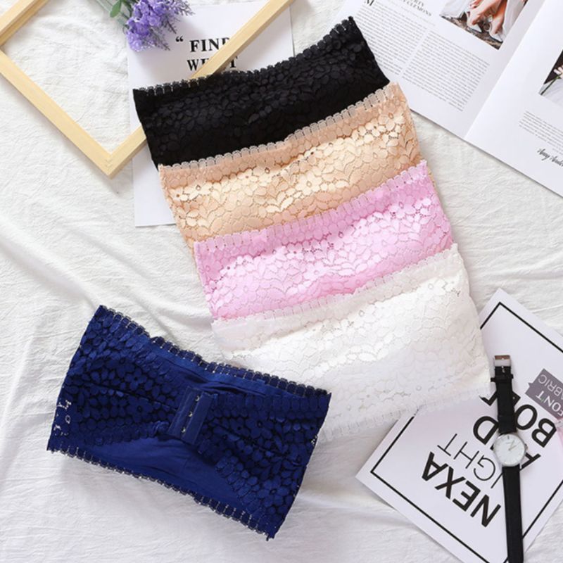 Women Girl Strapless Floral Lace Bandeau Bra Seamless Solid Color Push Up Padded Bralette Adjustable 3 Hooks Underwear Brassiere