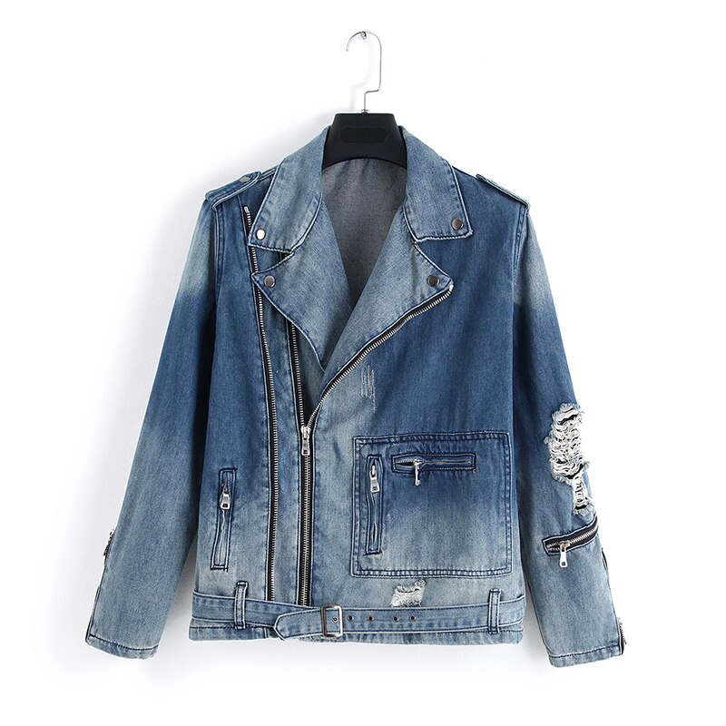 Mode Hi Straat Mens Ripped Denim Jassen Met Multi Ritsen Streetwear Verontruste Motorfiets Biker Jeans Jas
