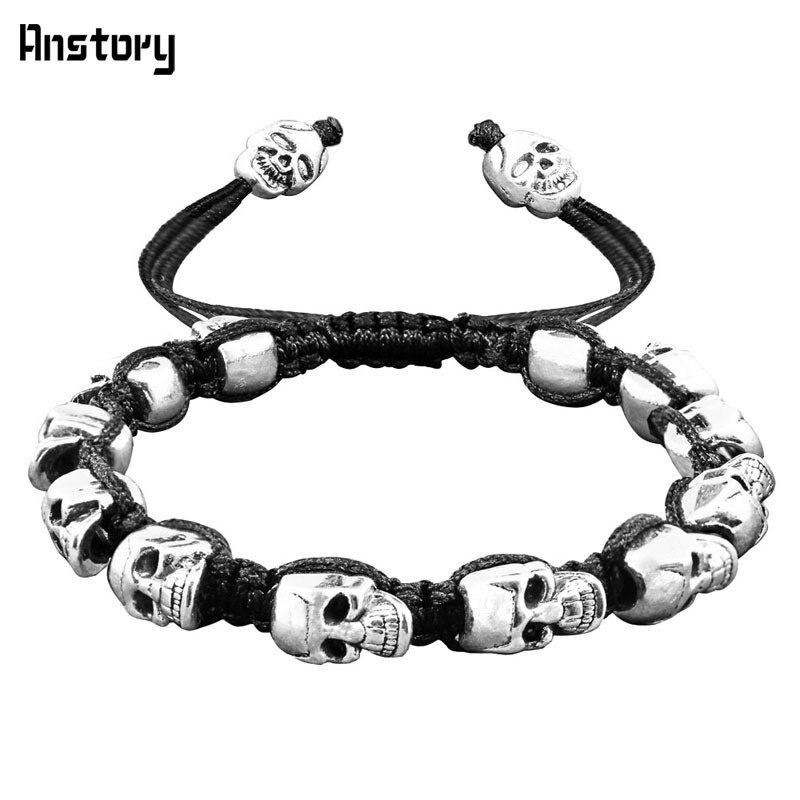 Sorriso Crânio Esqueleto Pulseiras Talão Vertente Boho Vintage Antique Banhado A Prata Handmade Woven Rope Artesanato Bijuterias