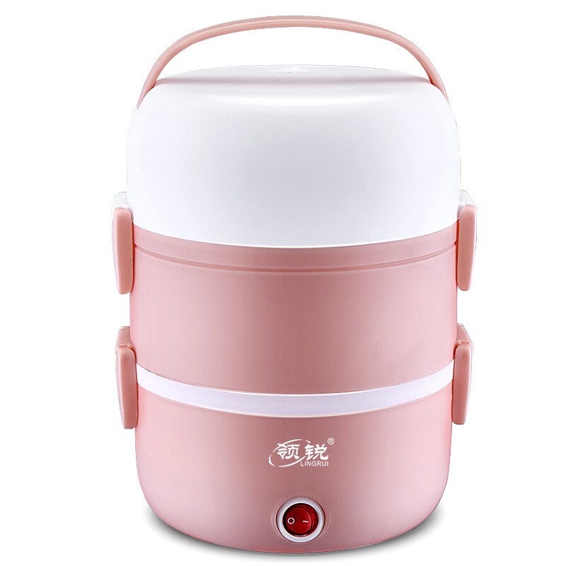 Mini elektrische rijstkoker roestvrij staal 2/3 lagen stomer draagbare maaltijd thermische verwarming lunchbox voedselcontainer warmer: 3 lagen roze / Au
