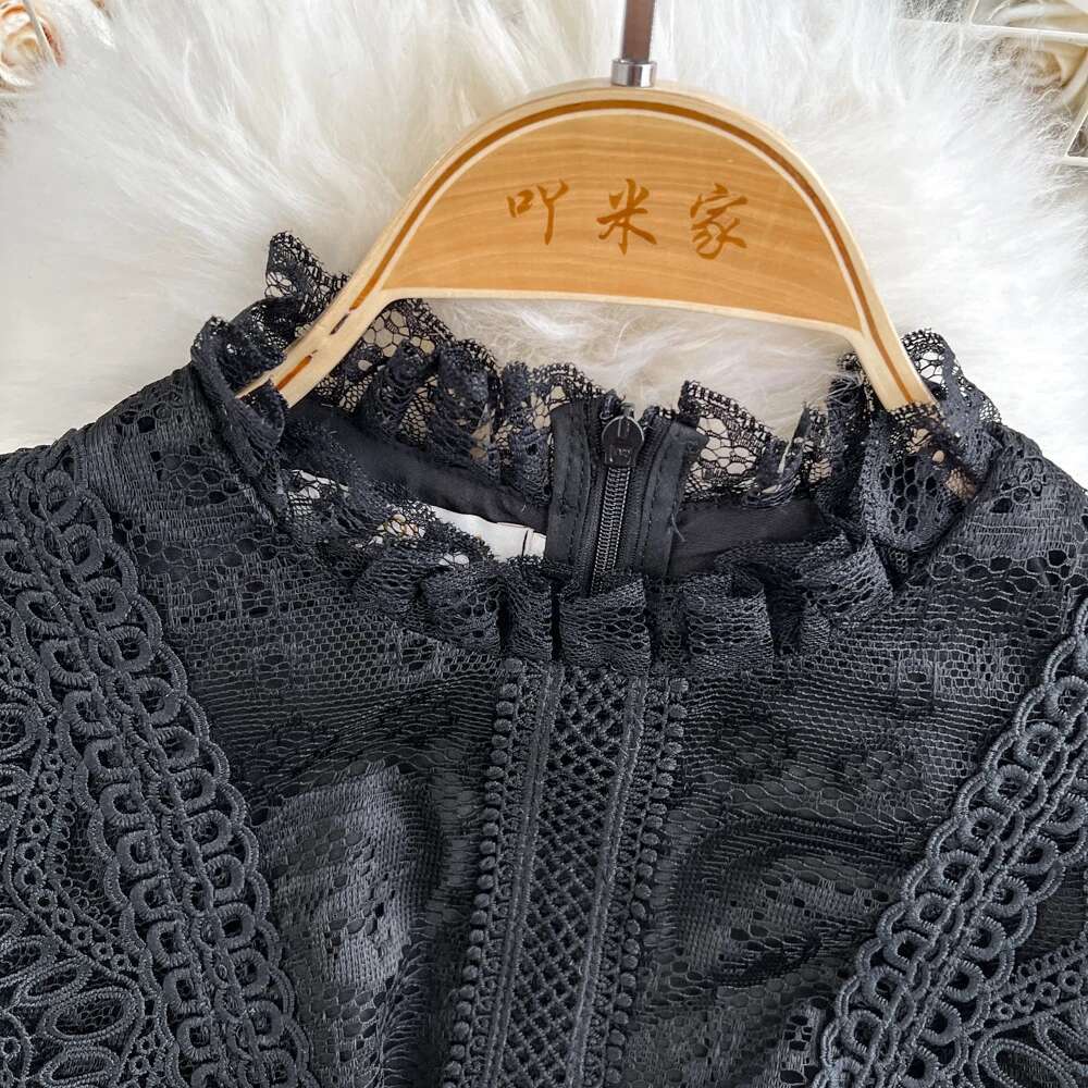 Kirjonta pitsi pitkät mekot naiset kesä röyhelöt kukka ontto mekko iltajuhla hääpuku vestidos