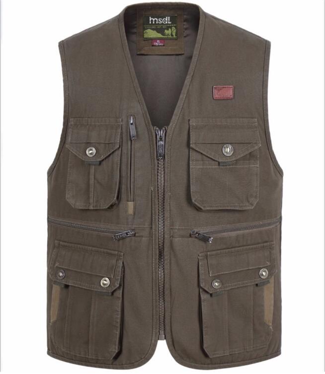 Gilet de photographe en coton multi-poches pour hommes, gilet de randonnée en plein air, gilet de pêche, grande taille, veste sans manches: army green / XXL