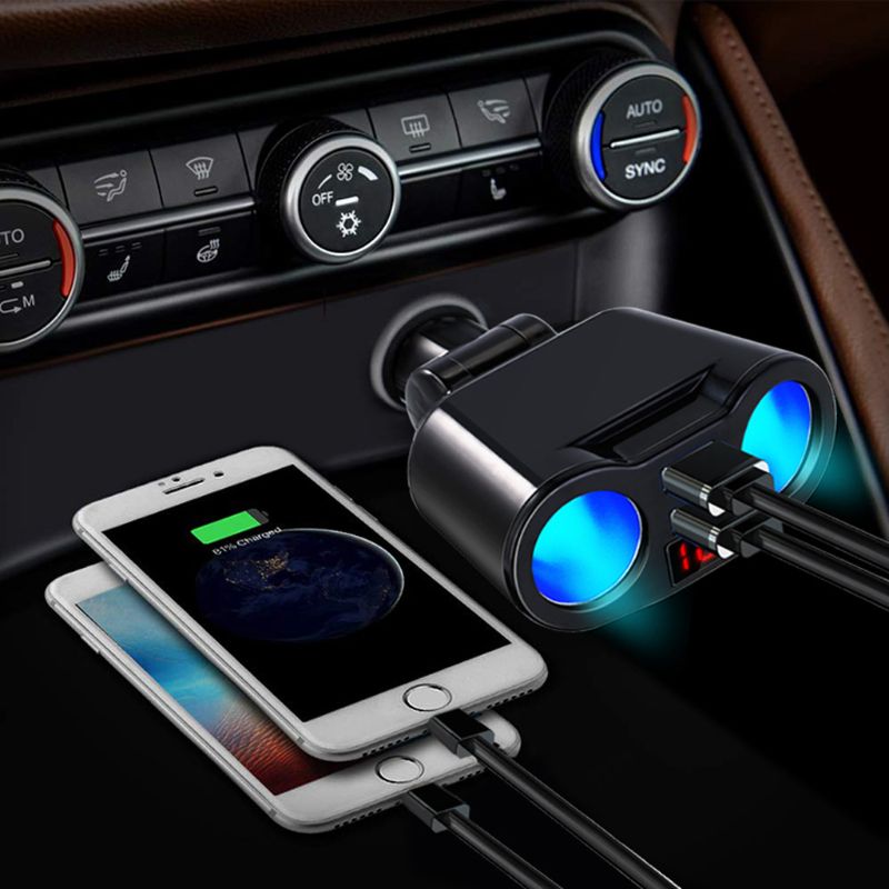 3 in 1 12V Auto Sigarettenaansteker Splitter Plug Dual USB Charger Spanning Stroom Monitor Voor iPhone Samsung tablet