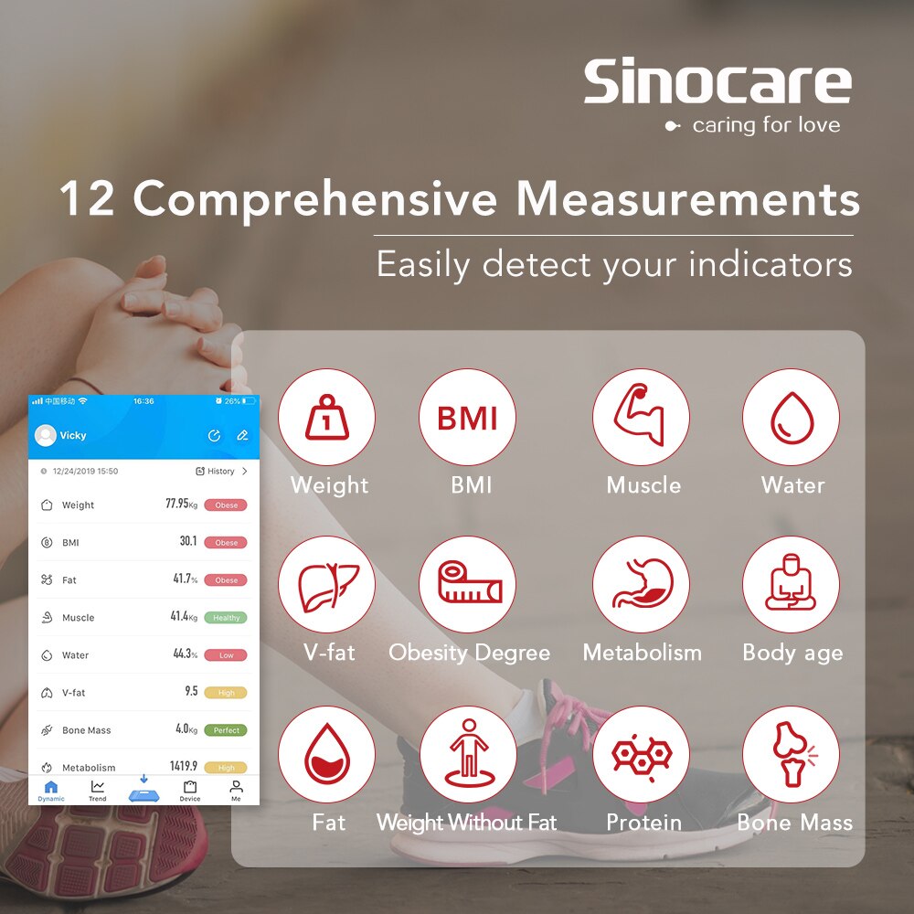 Sinocare Smart Weight Scale Body Fat Scale Bluetooth 4.0 Floor Body Fat Monitor Balance Test 8 Body Data BMI Health LED Display