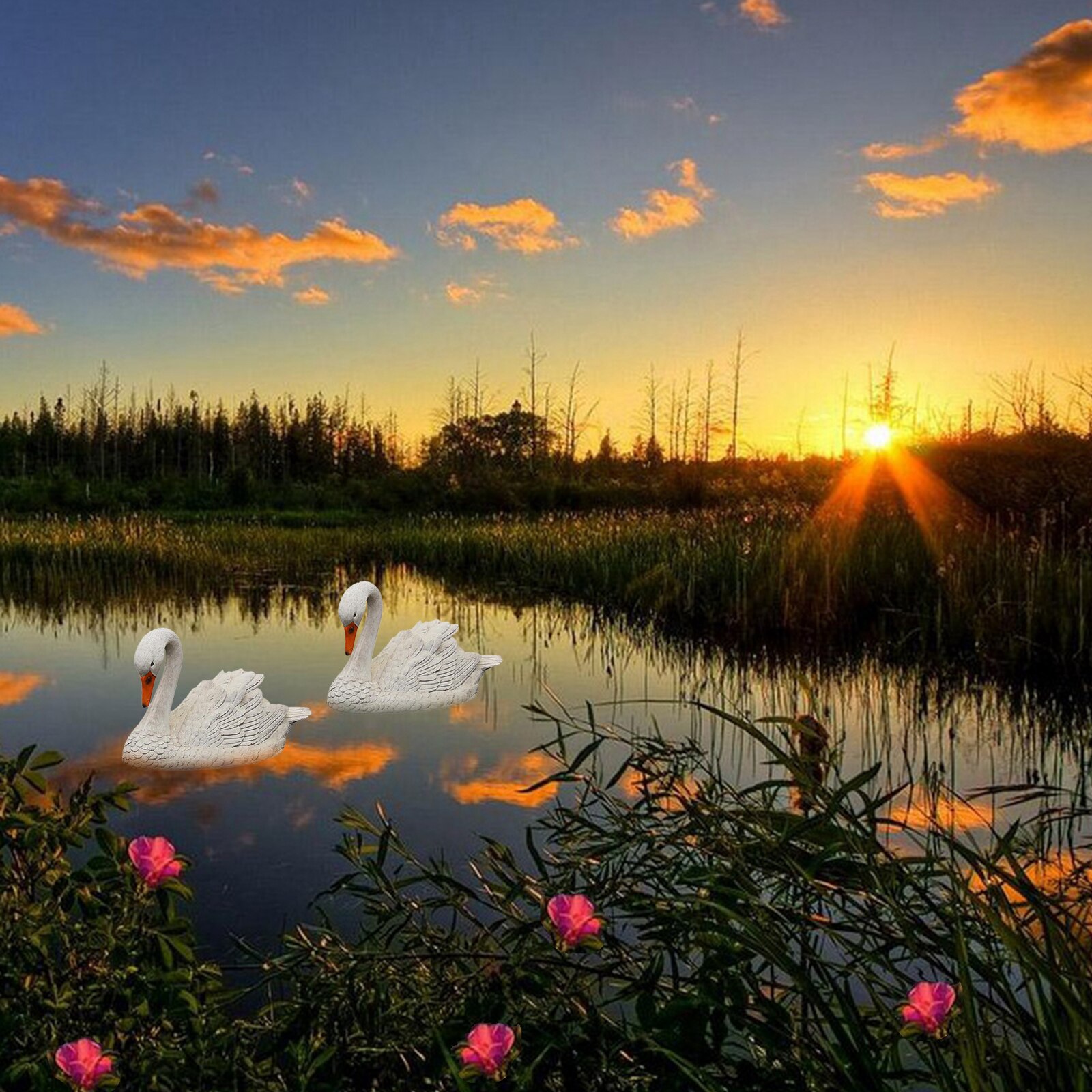 Lawn Flamingo Swan Garden Ornaments Pond Outdoor Bird Sculpture Patio Decor