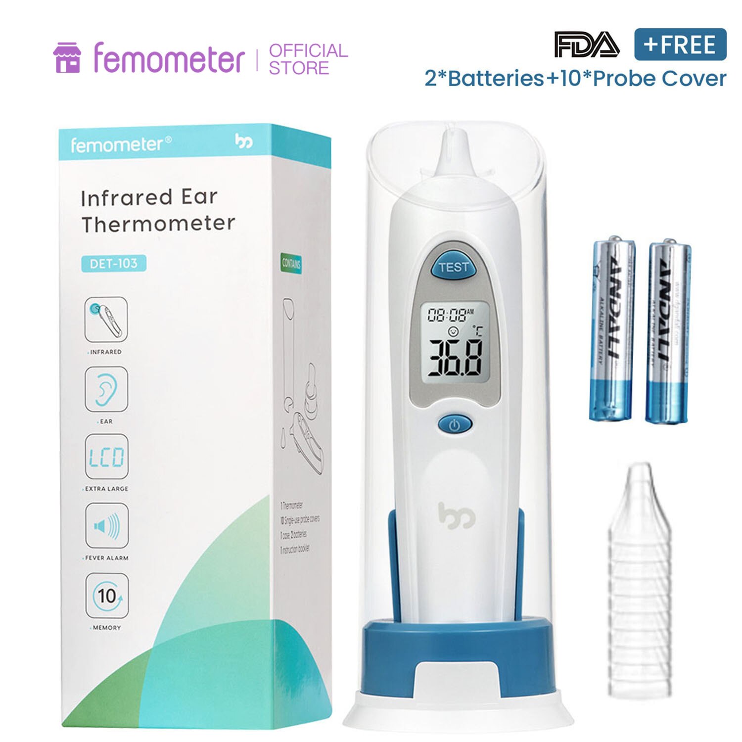 Femometer Digitale Infrarood Oorthermometer Voor Baby Volwassenen 10Pcs Probe Covers ℃/℉ Conversie Koorts Termometro Thermomètre