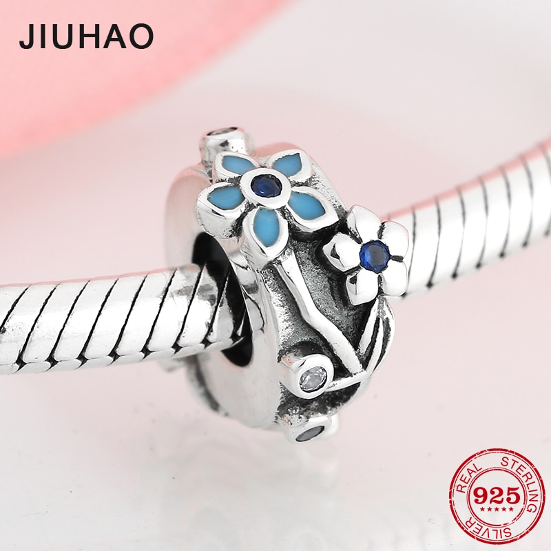 Reale 925 sterlina d'argento Blu dimenticare me non fiori CZ Fermacorda E Ganci Misura Branelli del Distanziatore Originale Braccialetto Europeo di Fascino Monili che fanno