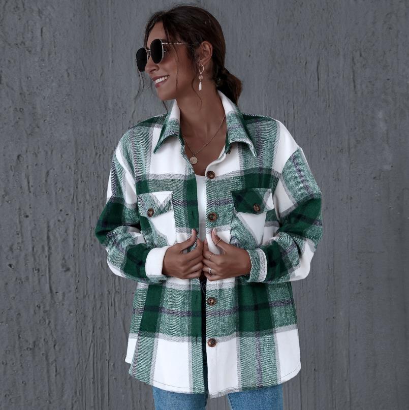 Chaqueta informal a cuadros para mujer, abrigos con botones y bolsillos, ropa de calle, abrigos sueltos para mujer, prendas de vestir exteriores, otoño