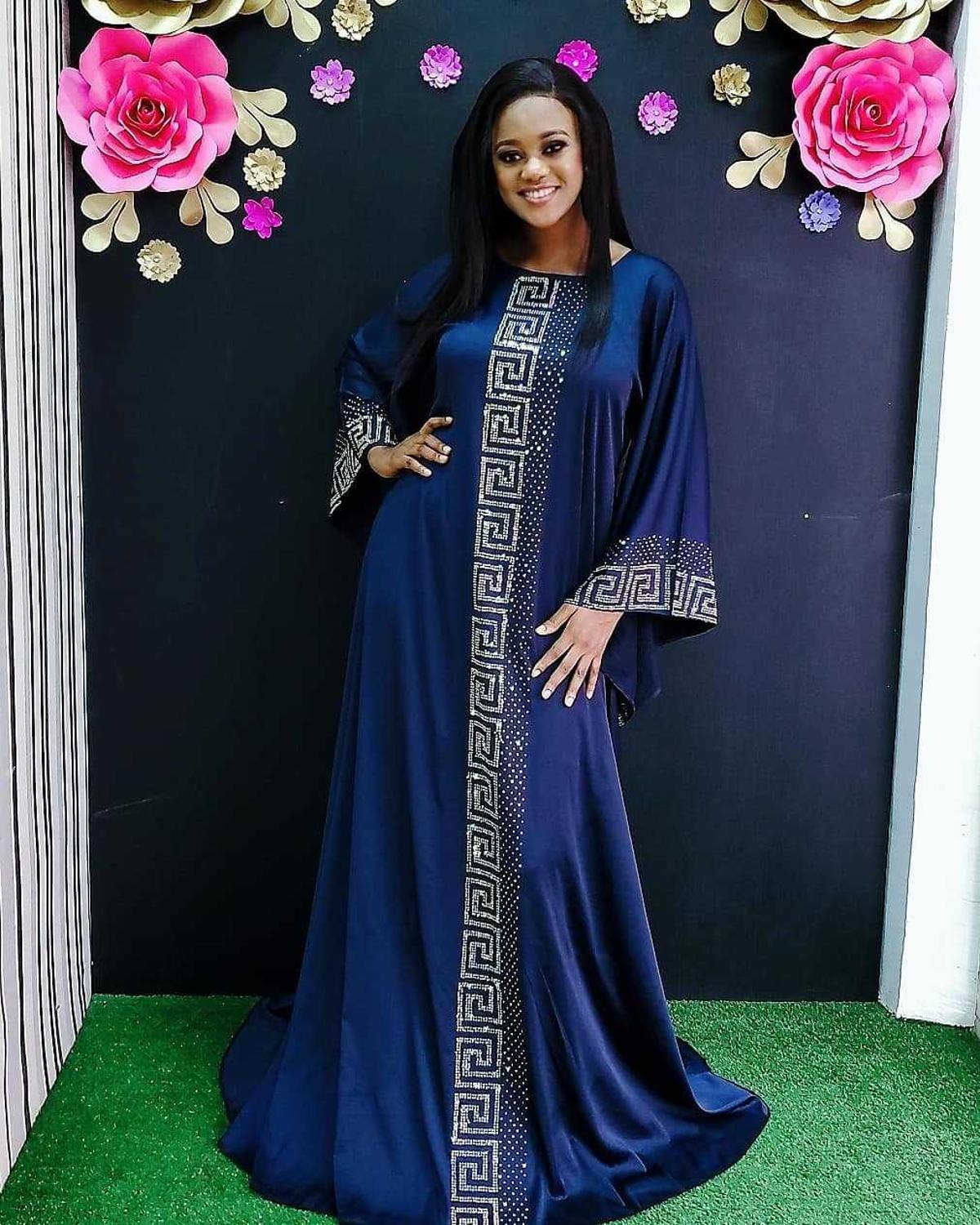 Robe Dashiki en soie à perles, à bandes, Hijab Maxi, africain, Bazin, à manches longues, Vintage, Sexy, Robe de soirée africaine: blue / L