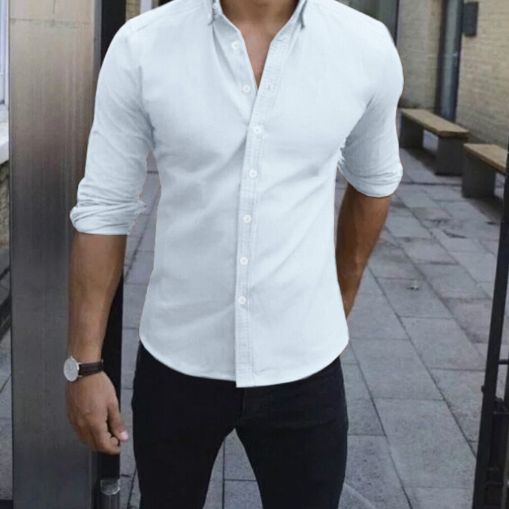Men Shirts Slim Fit Solid Color Long Sleeve Single Smart Casual Shirts Breasted Turndown Casual Tops