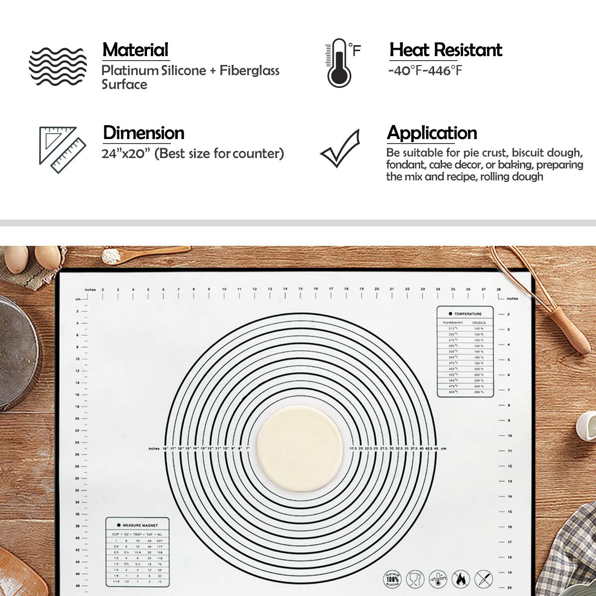 Large Size Silicone Baking Mat Sheet Non Stick Kneading Pad With Measurement Fondant Mat Fiberglass Rolling Dough Pad Oven Liner