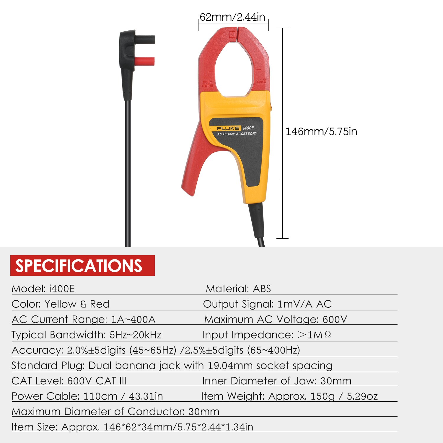 FLUKE i400E AC Current Clamp Meter with Dual Banana Jack 1A~400A AC Current Range 5Hz~20kHz Bandwidth Clamp Multimeter