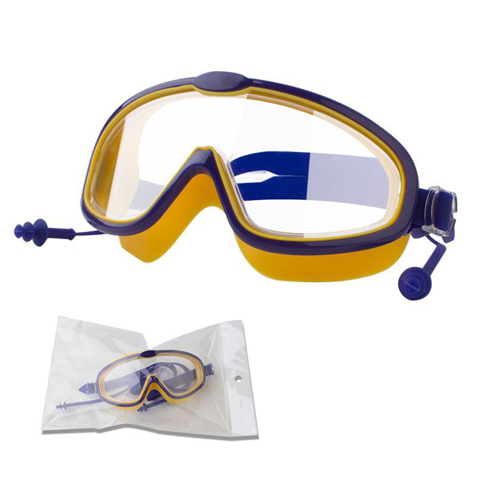Children's Swimming Glasses Practical PC Lens Ultra-Wide View Antifog Silicone Mirror Goggles Adjustable Conjoined Earplugs: Yellow