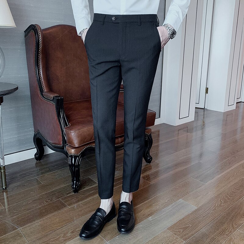 Garnitur spodnie męskie kostki w stylu jednokolorowe ślubne Pantalon męskie spodnie wizytowe nowe modne biznesowe oficjalne garnitury męskie spodnie