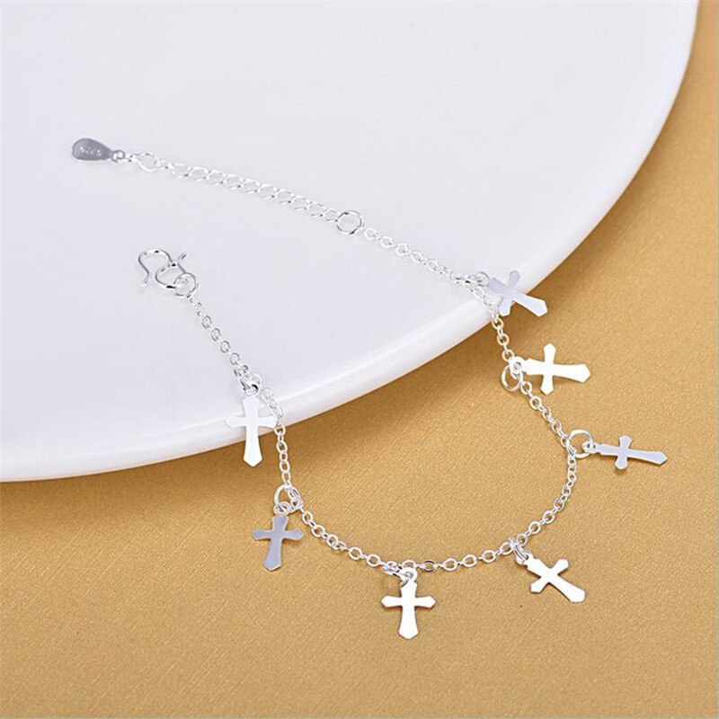 TJP 925 Silver Women Anklets Jewelry Charm Girl Cross Silver Bracelets For Lady Bride Wedding Accessories Bijou