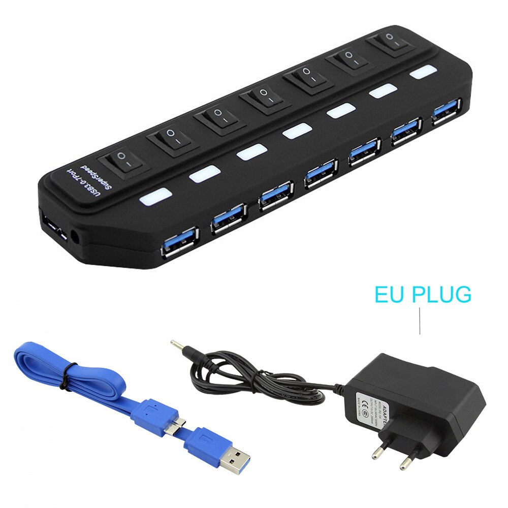 Windyoung USB3.0 HUB 7 Port with Power Charging and Switch Multiple USB Power Adapter LED ON/OFF Switch Splitter for PC Laptop: 7 Port and EU PD
