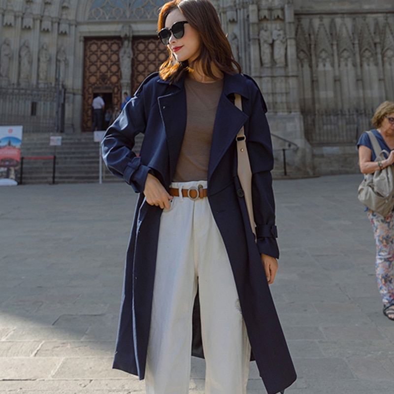 Autumn Long Trench Coat Women Classic Double Breasted Belt Windbreaker Trench Coat Casual Business Outwear