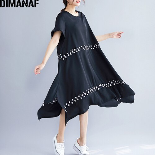 Dimanaf verão feminino plus size vestido de impressão ponto preto emendado casual feminino vestidos moda tamanho grande vestido solto a linha 2020: XXXL