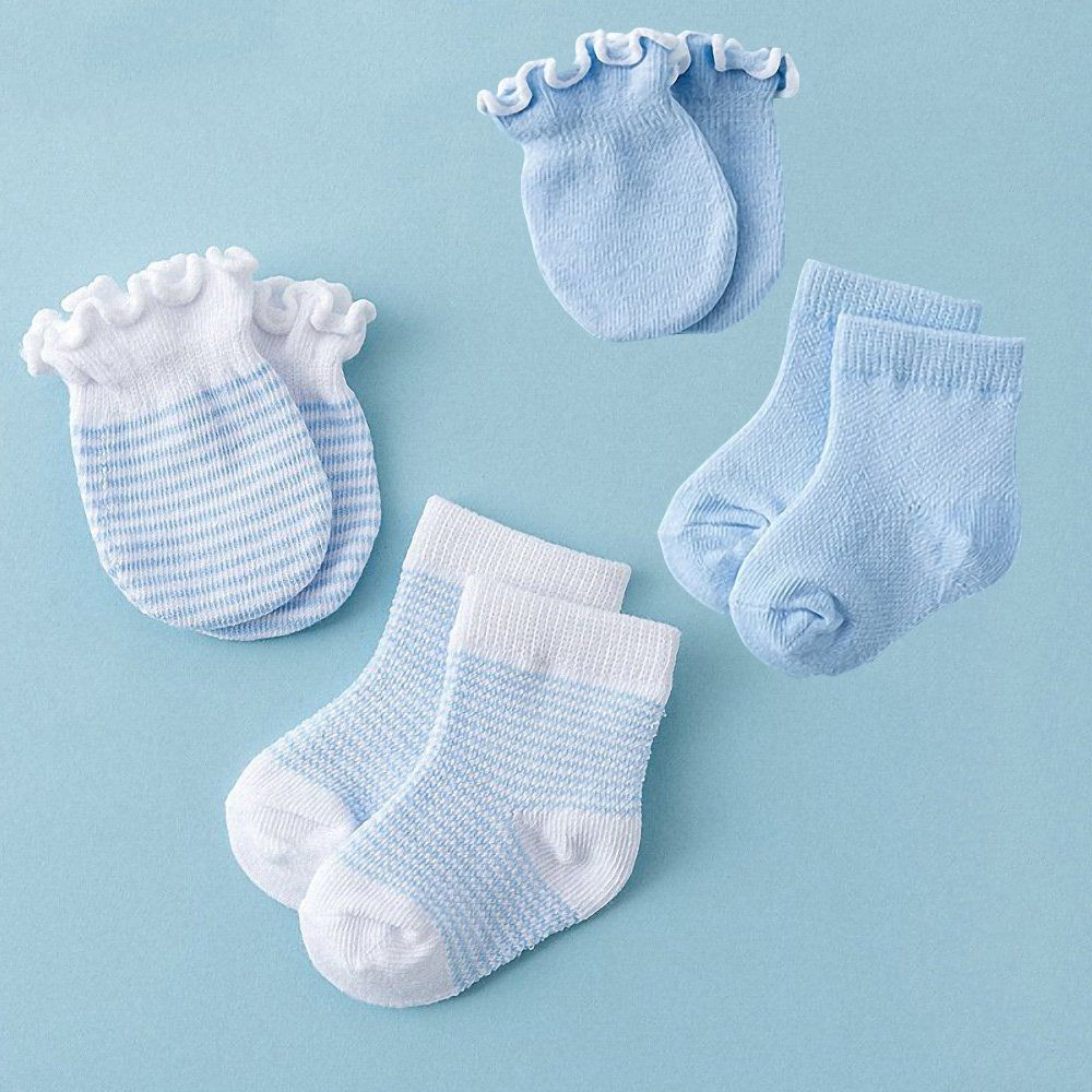 4pairs Newborn Baby Gloves Socks Sets Protection Face Newborn Baby Mittens Anti-scratch Cotton Striped Breathable Elastic Gloves