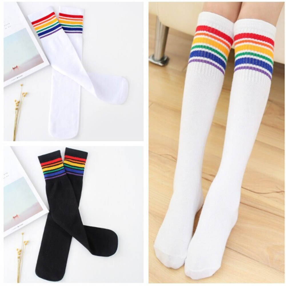 Girl Boy Rainbow Striped Sports Socks Knee-High Long Sock Football Running Socks For Kids