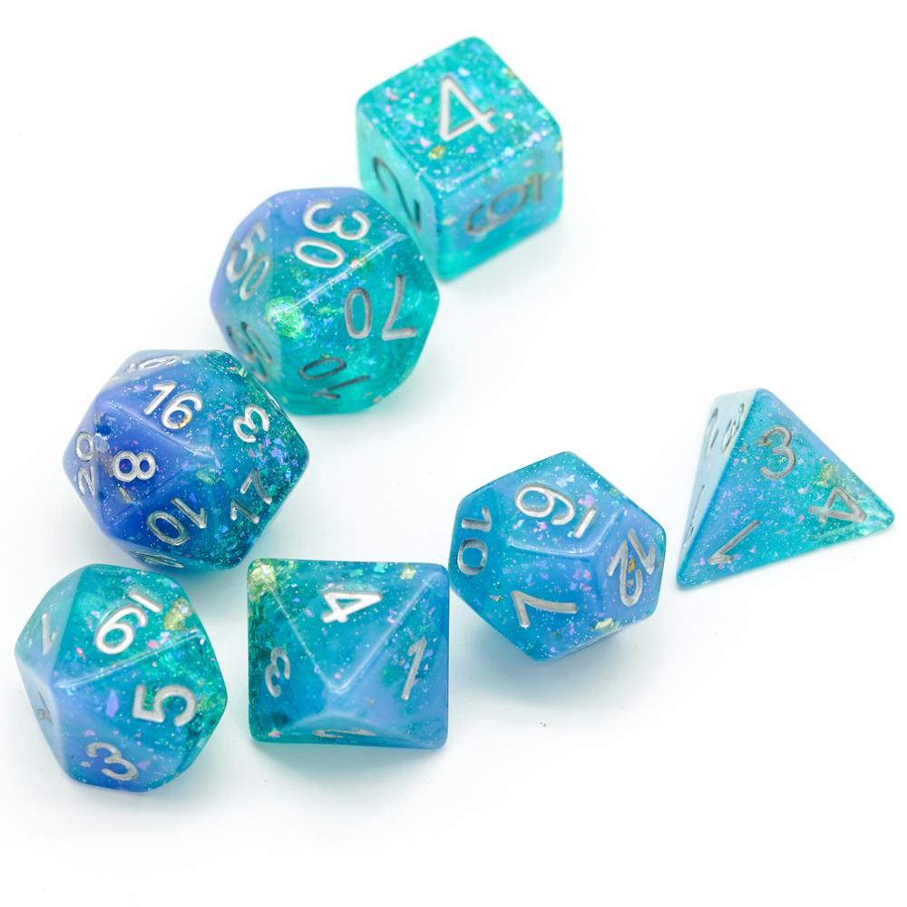 7 unids/set/azul/Verde DND dados con colorido brillo D & D dados poliédricos juegos juego de dados de mesa juegos MTG RPG
