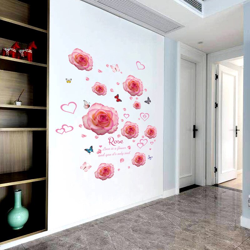 Pink Rose Wall Decals for Bedroom Living Room Cabinet Decoration Wallpaper Mural DIY Self-adhesive PVC Wall Stickers Flowers