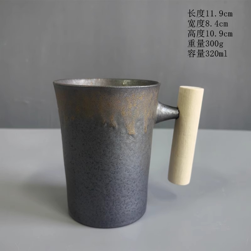 Tasse à café en céramique, glaçage rouille en céramique grossière rétro créative, tasse à café au lait avec manche en bois, service à thé, tasse d'eau domestique: BLANC