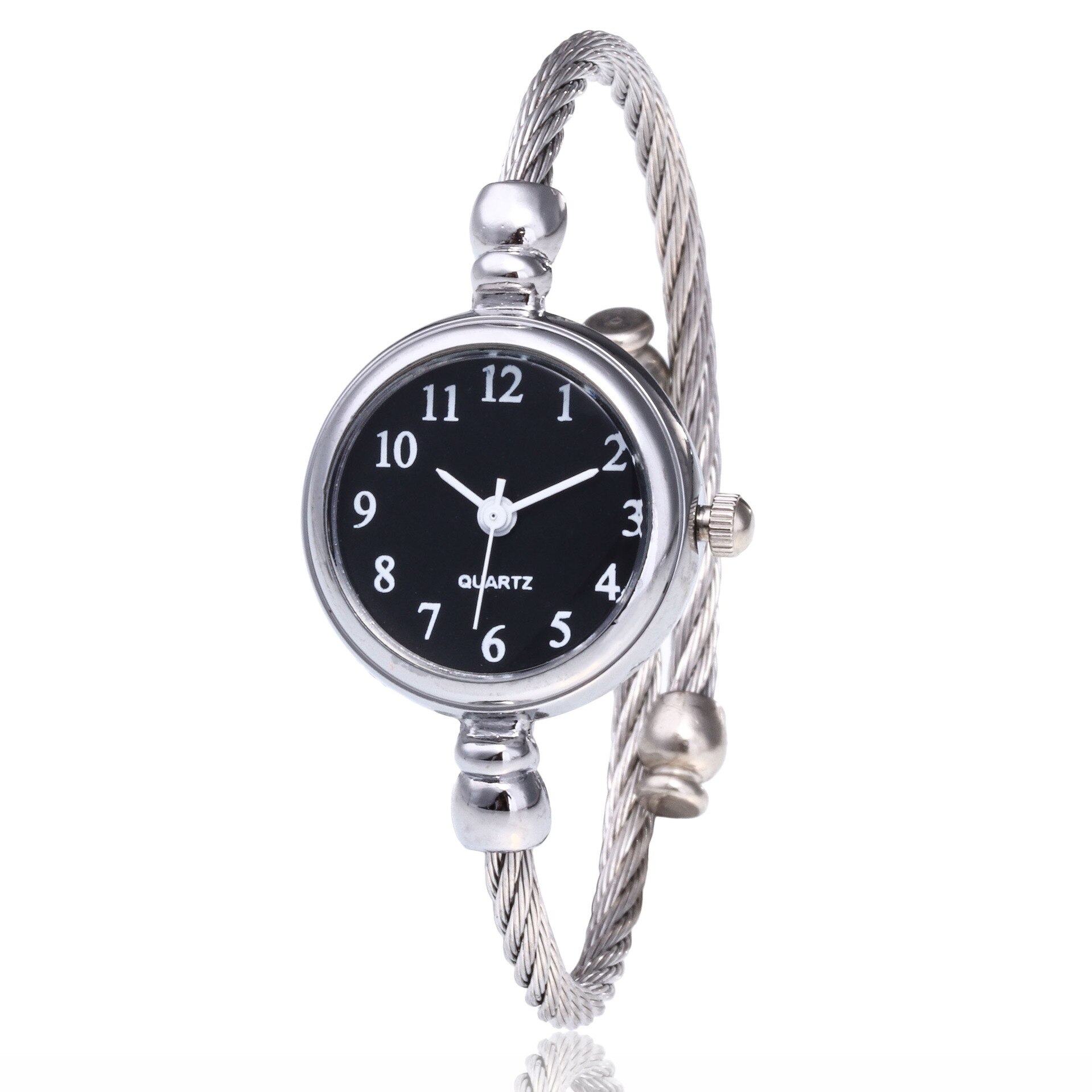 Simple Women Bangle Bracelet Watch Luxury Stainless Steel Retro Digital Watch Ladies Quartz Wristwatch Women Dress Clock: Black