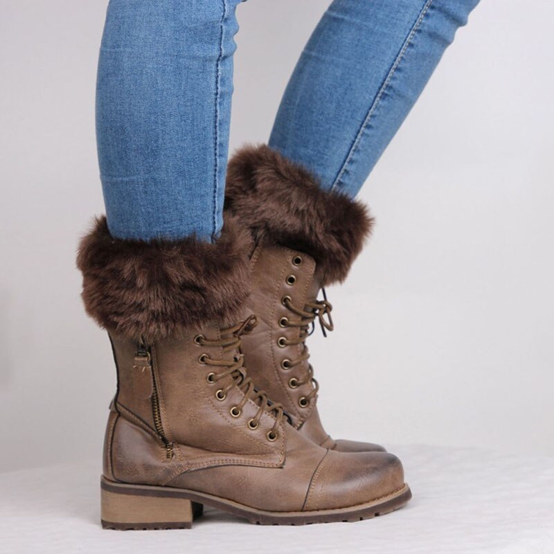 Women Winter Leg Warmers Lady Crochet Knit Fur Trim Leg Boot Socks Toppers Cuffs