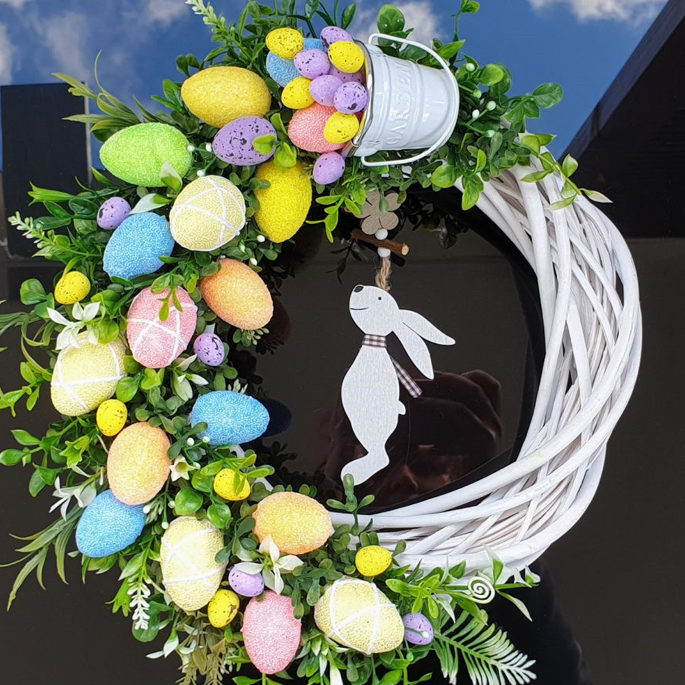 Corona de conejo de pascua 2D para puerta Delantera, decoración de conejo, guirnalda de Primavera de temporada, adorno, accesorio para decoración del hogar, acentos colgantes