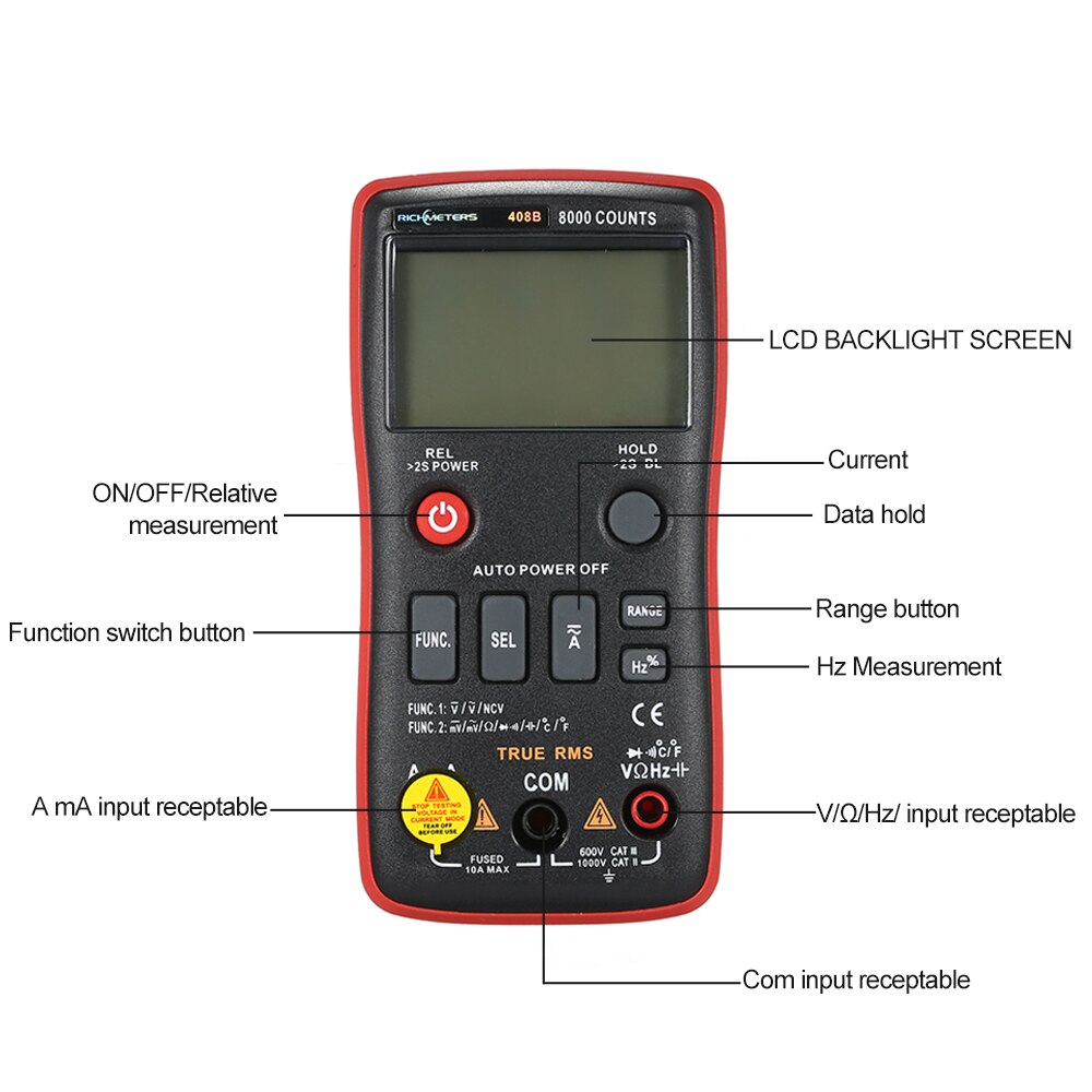 RICHMETERS RM408B Handheld True-RMS Digital Multimeter Button 8000 Counts With Analog Bar Graph Temperature Sensor
