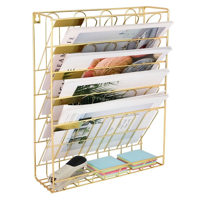 Väggmonterad metall trådad tidning tidning rack sorterare klassificering böcker dokumenthållare arrangör guld