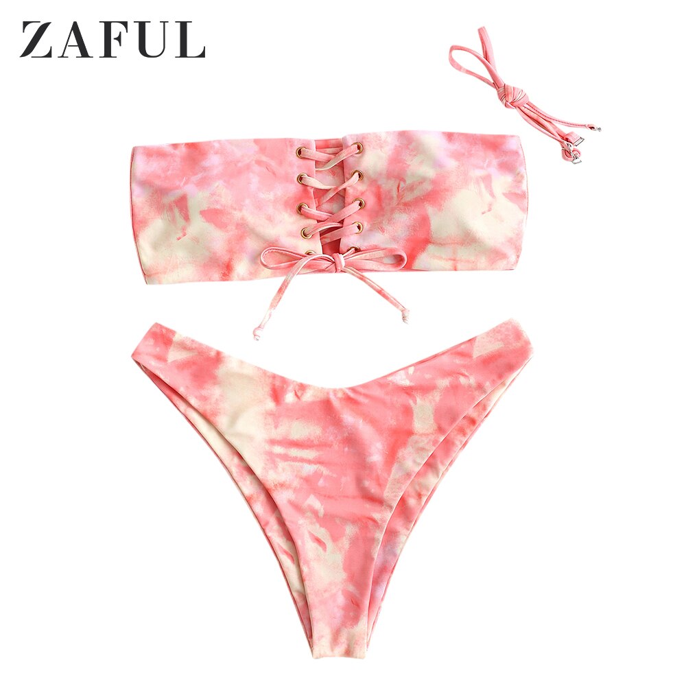 Zaful Tie Dye Lace Up Hoge Cut Bikini Badmode Twee Stuk Zwemkleding: Multi a / M