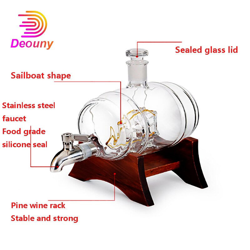 DEOUNY Glass Barrel Whiskey Decanter Nautical Liquor Dispenser Lead Free Beer Decanter For Bourbon Rum Brandy Decoration 1000ml