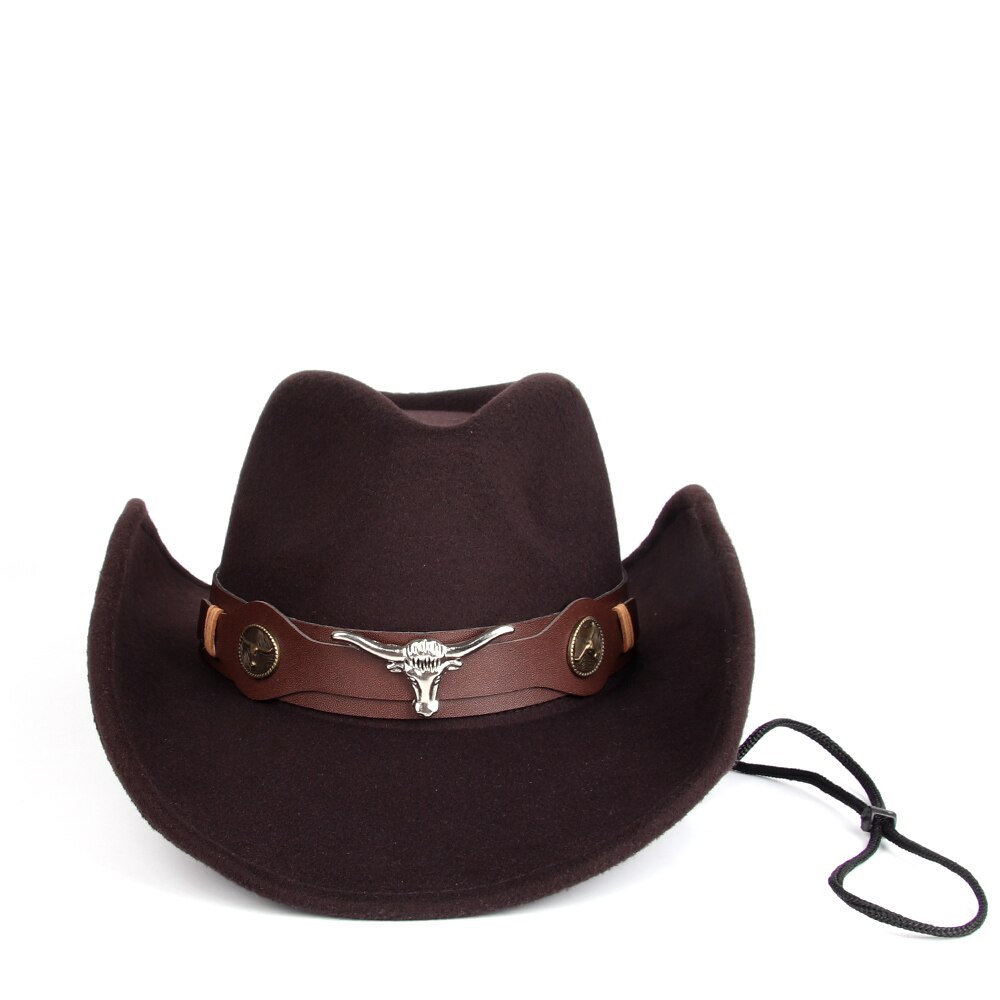 Cappello da cowboy occidentale da donna in lana da uomo con cappello da cowgirl jazz a tesa arrotolata con cintura a testa di toro cappello da sombrero fedora Chiesa