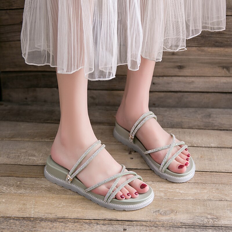 Zomer Platform Schoenen Vrouw Sandalen Platte Sandalias Gladiator Rhinestone Clear Strand Sandalen Transparante Slippers Slides