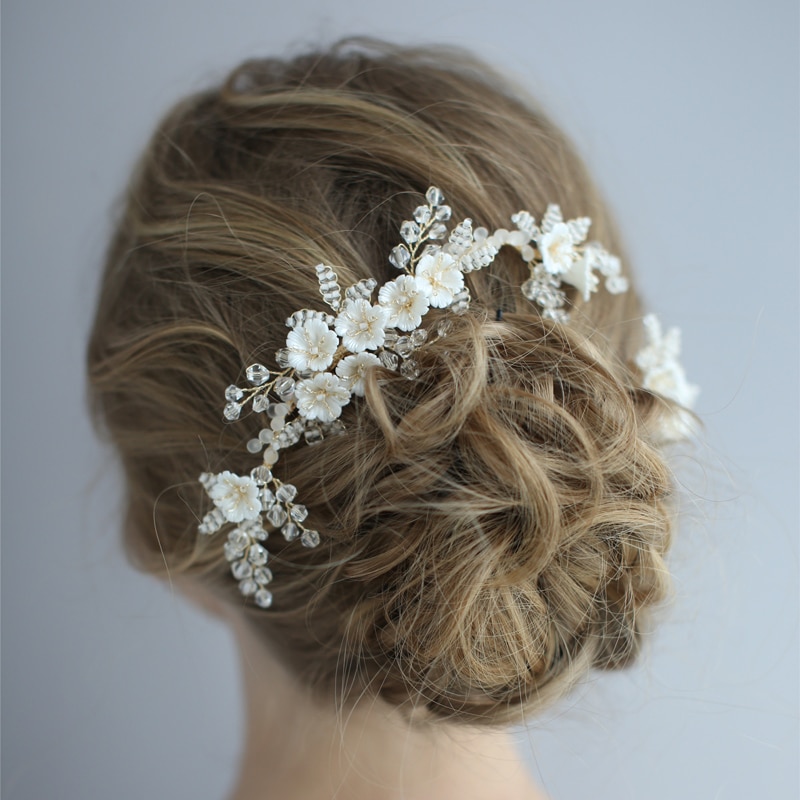 Handmade Bride Headpiece biżuteria ceramiczna kwiatowa do włosów grzebień zestaw klipów wsuwka ślubne ślubne akcesoria do włosów