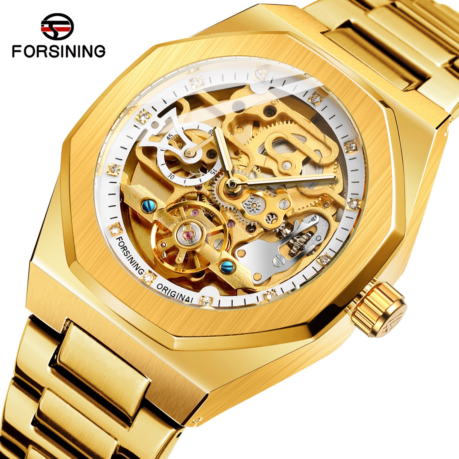 Forsining Automatic Mechanical Watch Luminous Three Eyes Six Needles Skeleton Top Brand Luxury Male Wrist Watch Wrist Clock: gold silver
